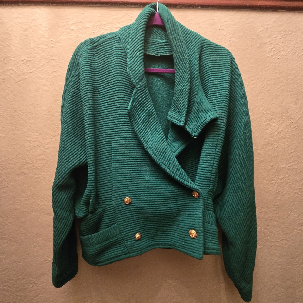 Vintage Emerald Green Ribbed Knit Cropped Jacket | Gold Buttons | 80s Power Knit